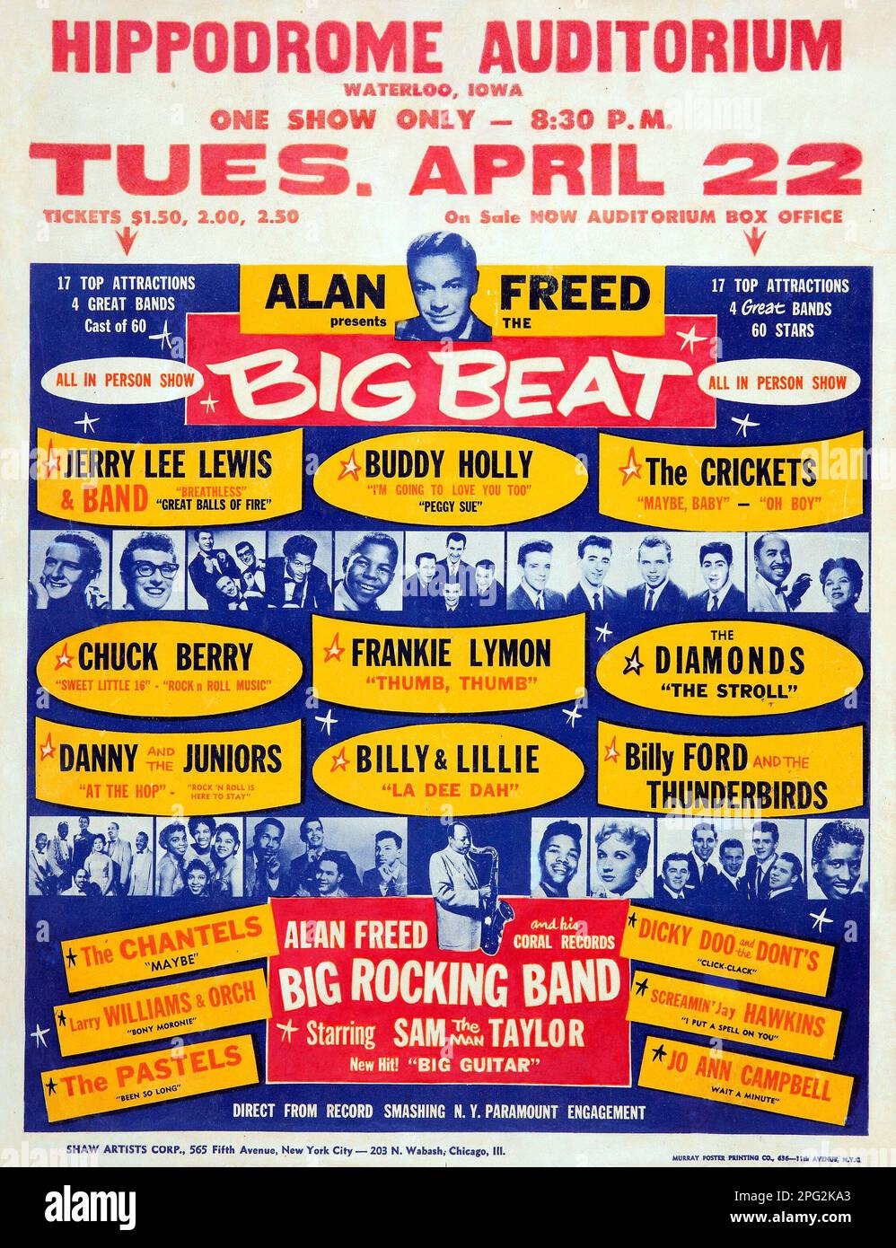 Buddy Holly, Chuck Berry, Jerry Lee Lewis, Frankie Lymon - 1958 Alan liberato 'Big Beat' Waterloo, Iowa Concert Poster Foto Stock