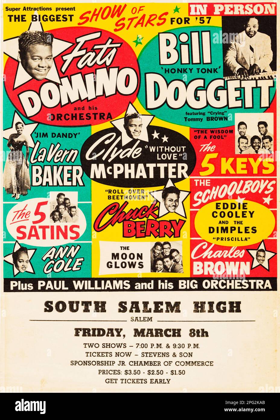 Fats Domino - Chuck Berry - Bill Doggett e molto altro - South Salem High Concert Handbill (Super attrazioni presenti, 1957) Foto Stock