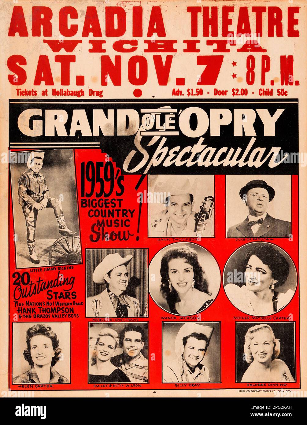 Grand ole Opry Spectacular - spettacolo di musica country - Wanda Jackson, Hank Thompson, Little Jimmy Dickins - 1959° Arcadia Theatre, Wichita, Kansas Concert Poster Foto Stock