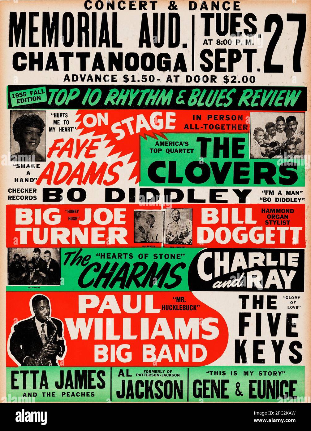 Memorial Auditorium Chattanooga - Bo Diddley, Big Joe Turner, Etta James, The Clovers 1955 Rhythm and Blues, Vintage Concert Poster Foto Stock