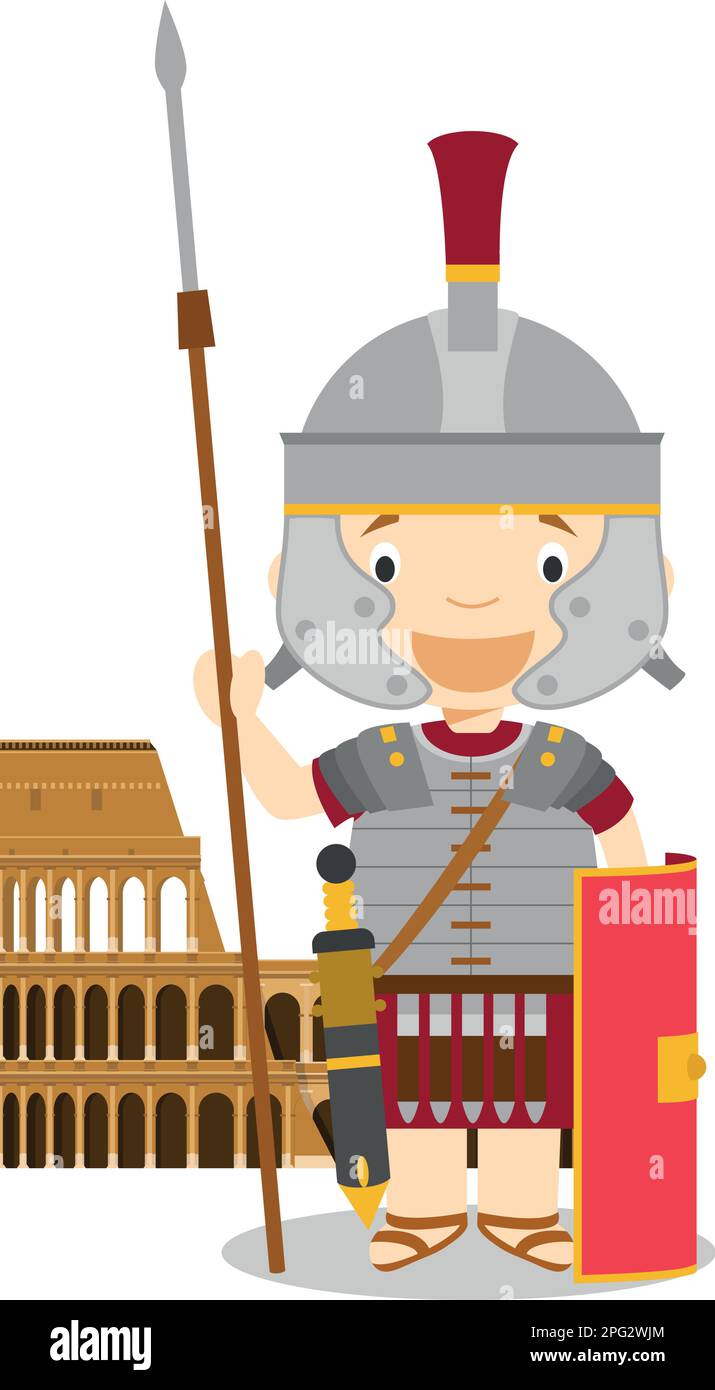 Personaggio dei fumetti dell'Impero Romano con il Colisseum. Illustrazione vettoriale. Collezione Storia per bambini. Illustrazione Vettoriale