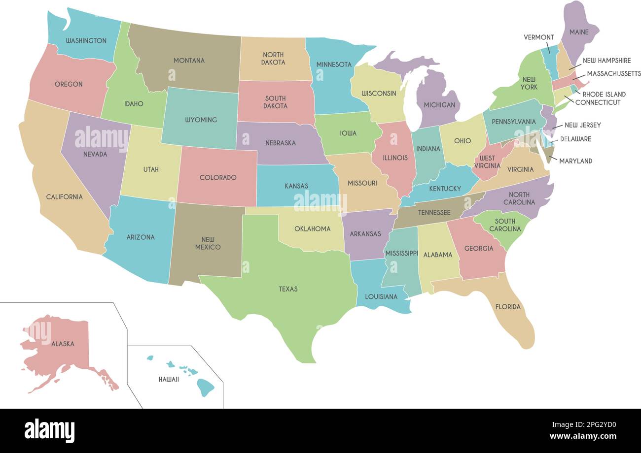 Illustrazione vettoriale della mappa degli Stati Uniti isolata su sfondo bianco. Livelli modificabili ed etichettati in modo chiaro. Illustrazione Vettoriale