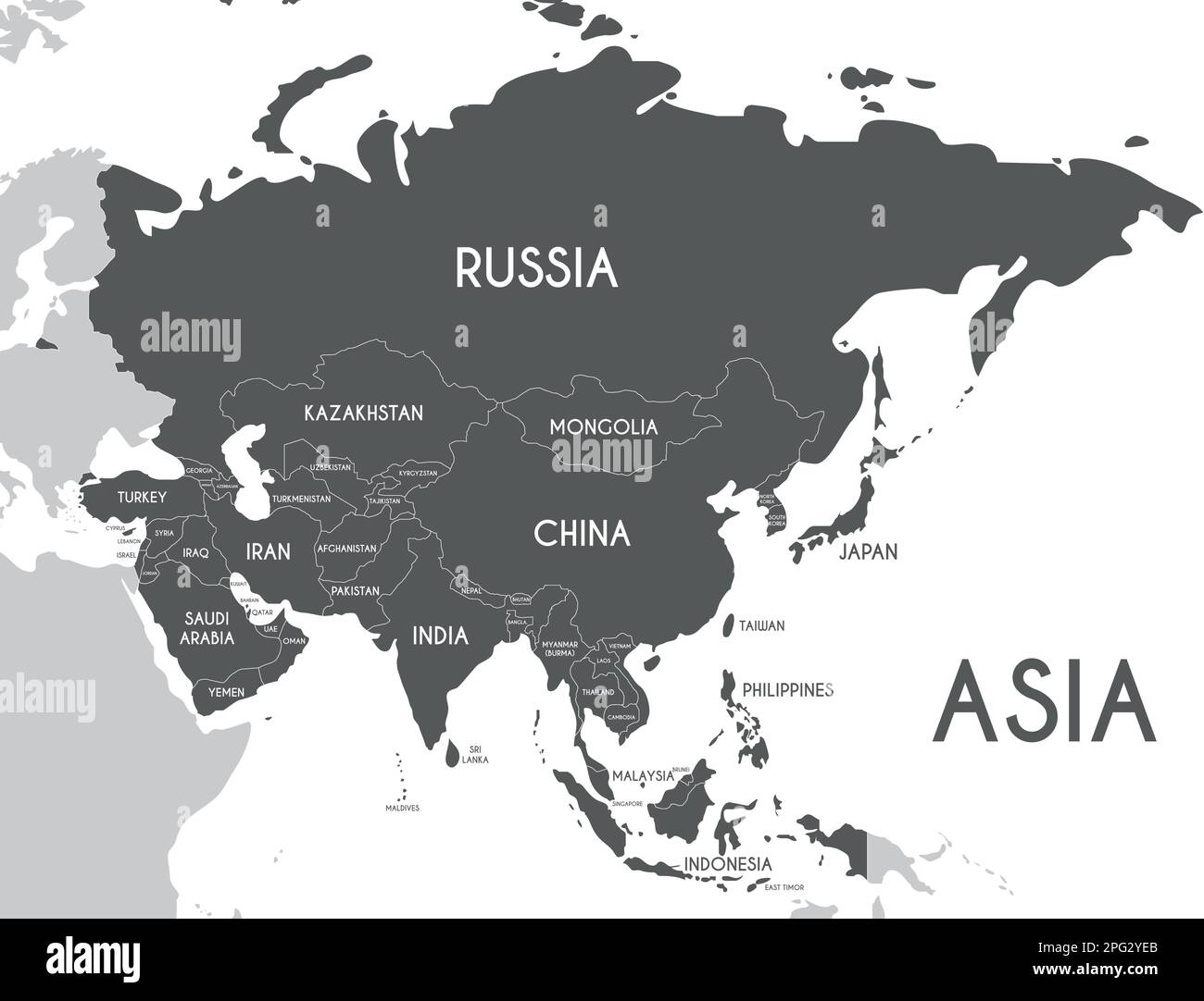 Illustrazione vettoriale della mappa dell'Asia politica isolata su sfondo bianco. Livelli modificabili ed etichettati in modo chiaro. Illustrazione Vettoriale