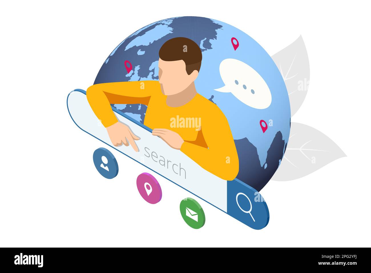 Ricerca isometrica online. Ricerca in Internet, informazioni sui dati, rete. Menu moderno per siti e applicazioni. Persone che ricercano lavoro. Illustrazione Vettoriale