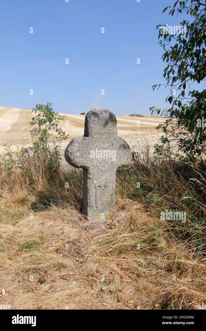 La Croce di conciliazione che si trova su una strada vicino al Protivec fu costruita intorno al 1571 in memoria degli omicidi del macellaio Johan Klyrz da parte dei ladri. Foto Stock