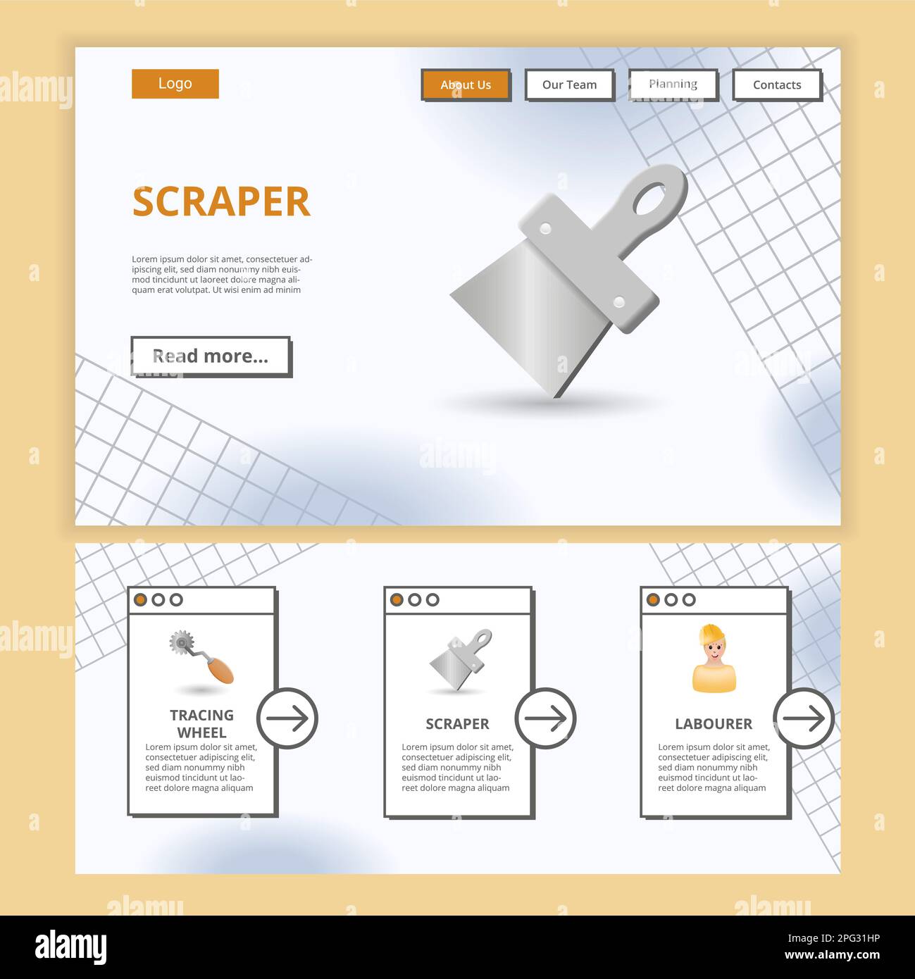 Modello sito web della landing page piatta dello scraper. Ruota tastatrice, raschiatore, operaio. Banner Web con intestazione, contenuto e piè di pagina. Illustrazione vettoriale. Illustrazione Vettoriale