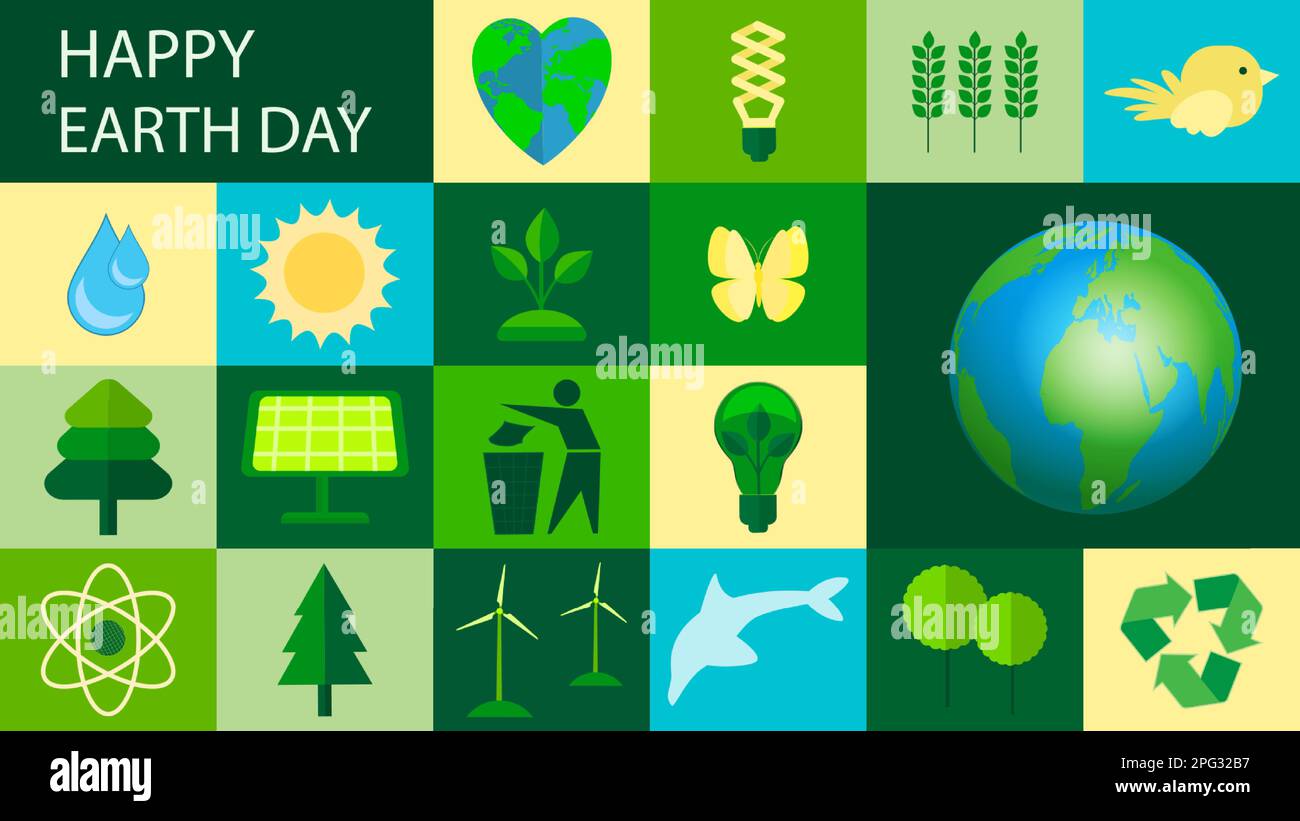 Buon giorno della Terra. 22 aprile. Salviamo la Terra. Icone con temi ecologici. Modello per sfondo, banner, cartolina. Vettore Illustrazione Vettoriale