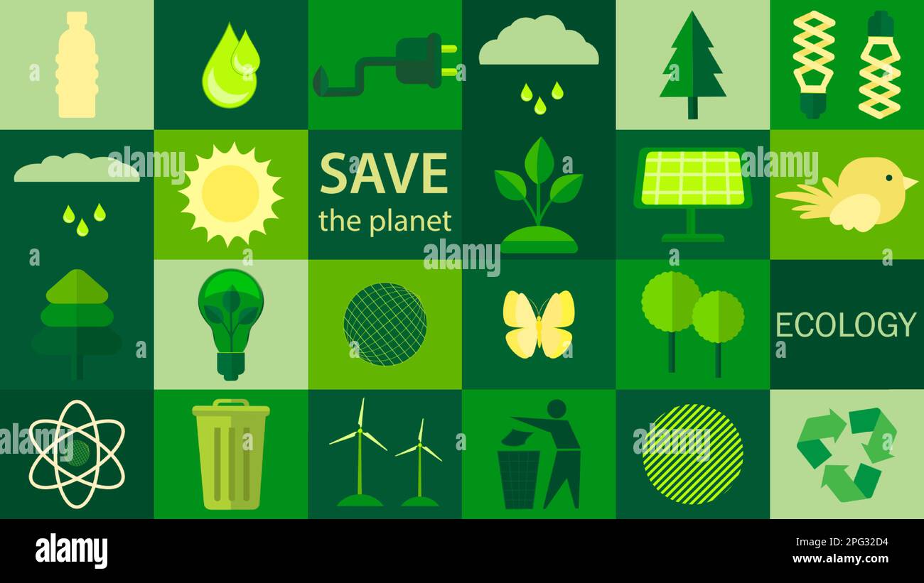 Buon giorno della Terra. 22 aprile. Salviamo la Terra. Icone con temi ecologici. Modello per sfondo, banner, cartolina, poster con iscrizione di testo Illustrazione Vettoriale