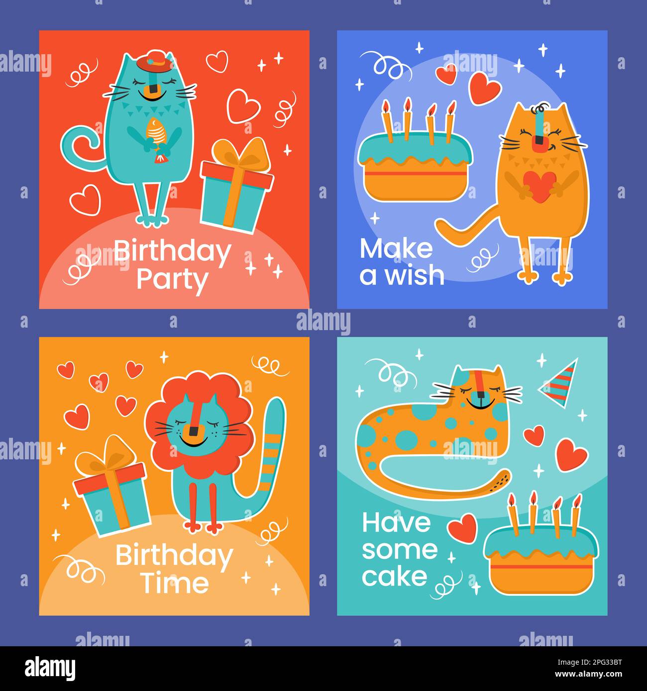 COMPLEANNO IG POST GATTI allegro animale domestico con torta e regalo invita gli amici a Un compleanno partito Cartoon in stile piatto e il tuo testo quadrato modelli per Soc Illustrazione Vettoriale
