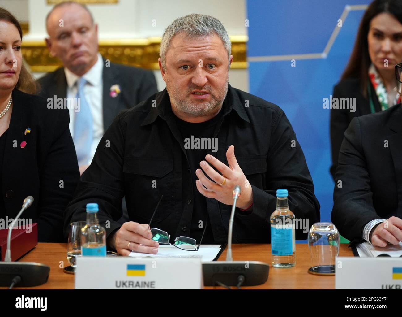 Il procuratore generale ucraino Andriy Kostin durante la conferenza dei ministri della Giustizia a Lancaster House, Londra, a sostegno della Corte penale internazionale (CPI) e dell'indagine sulla situazione in Ucraina. Data immagine: Lunedì 20 marzo 2023. Foto Stock