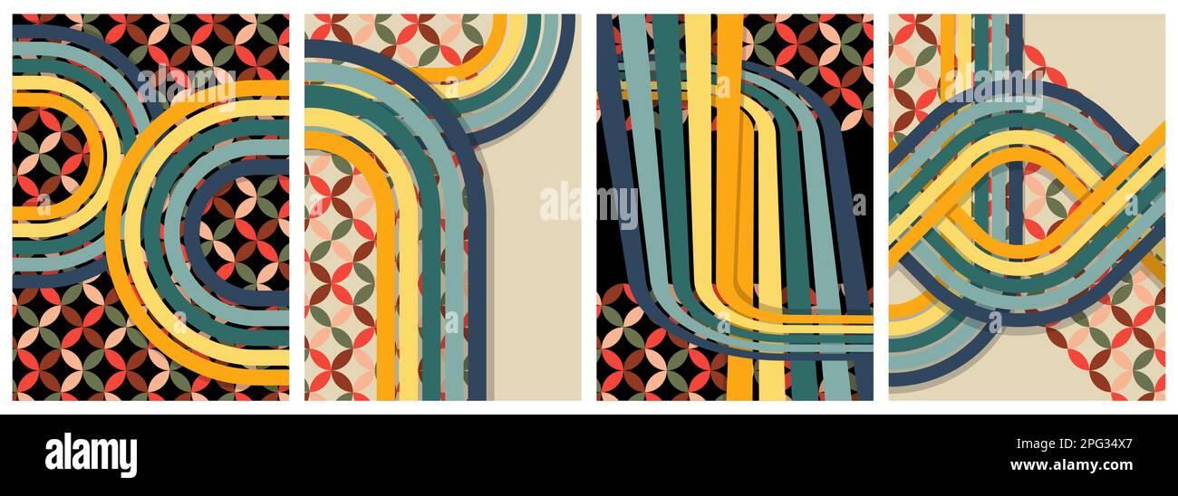 Abstract 70s stampe di petali e linee di colore arcobaleno vintage. Set vettoriale per sfondo colorato 1970s Groovy minimalista. Circolare e a strisce, retr Illustrazione Vettoriale