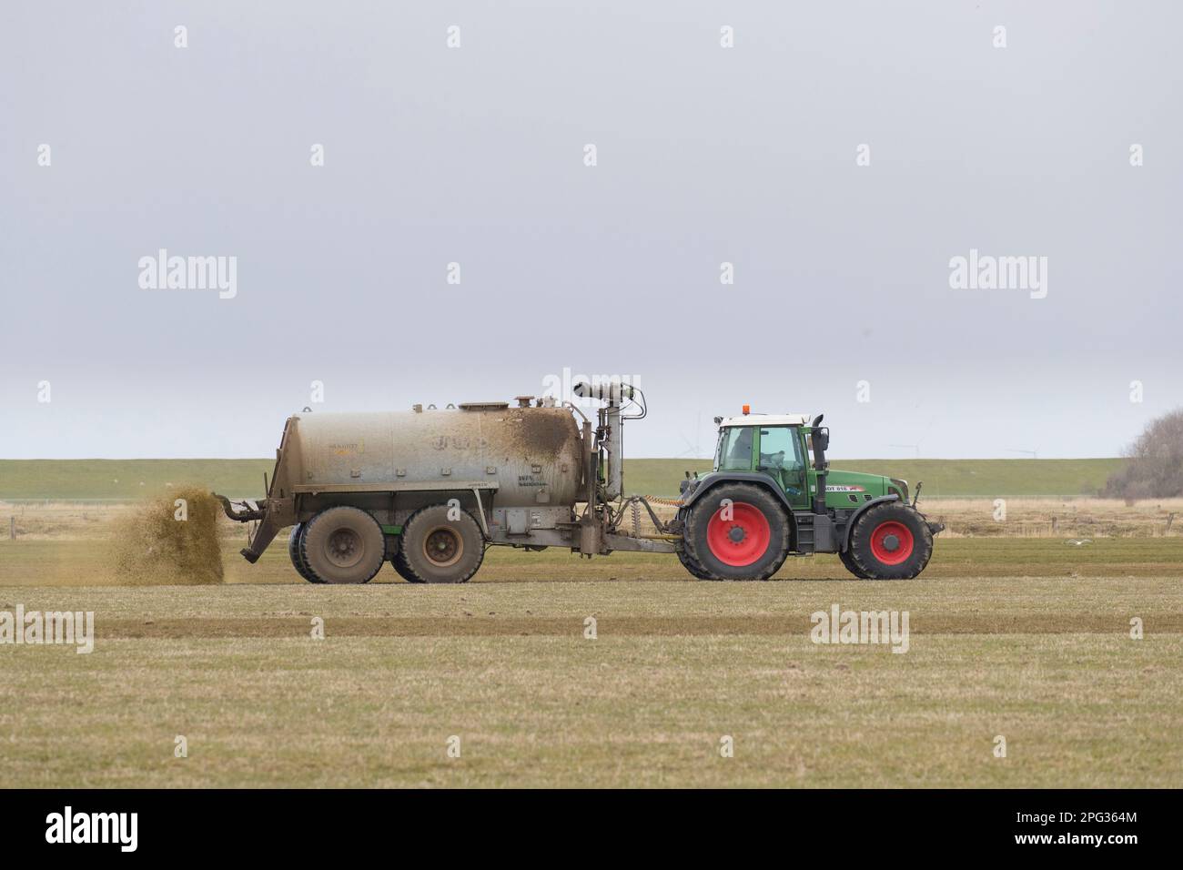 Spandimento di concime in un campo. Germania Foto Stock