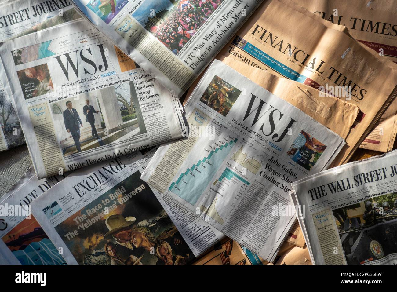 Ancora vita di assortiti 'Wall Street Journal' e 'Financial Times' sezioni di giornale, 2023, USA Foto Stock