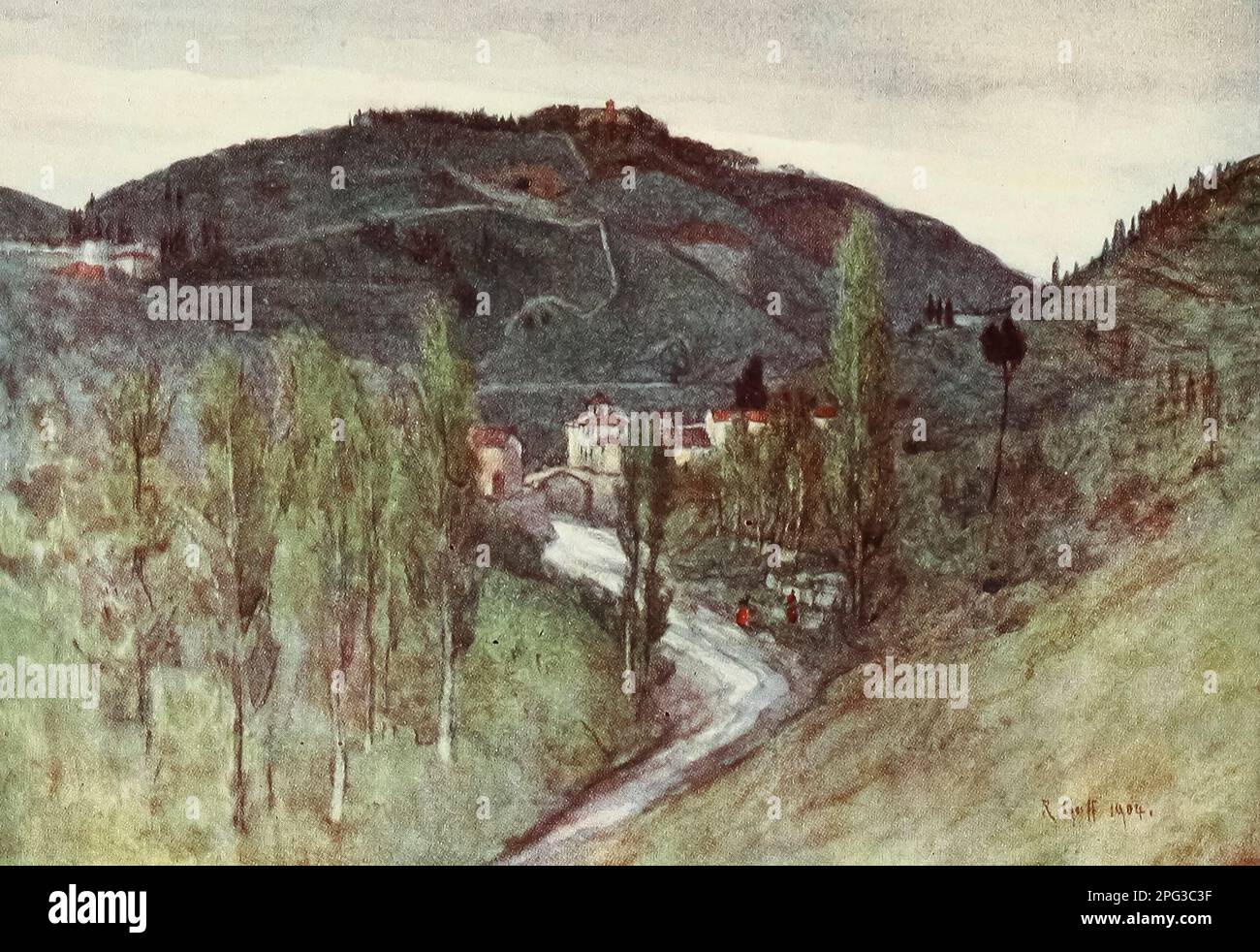 La Valle del Mugnone, sotto Fiesole, con il Monte Rinaldini, e il Ponte alia Badia dipinto dal colonnello Robert Charles Goff dal libro 'Firenze & alcune città toscane' di Clarissa Goff pubblicato da A & C Black nel 1905 Foto Stock