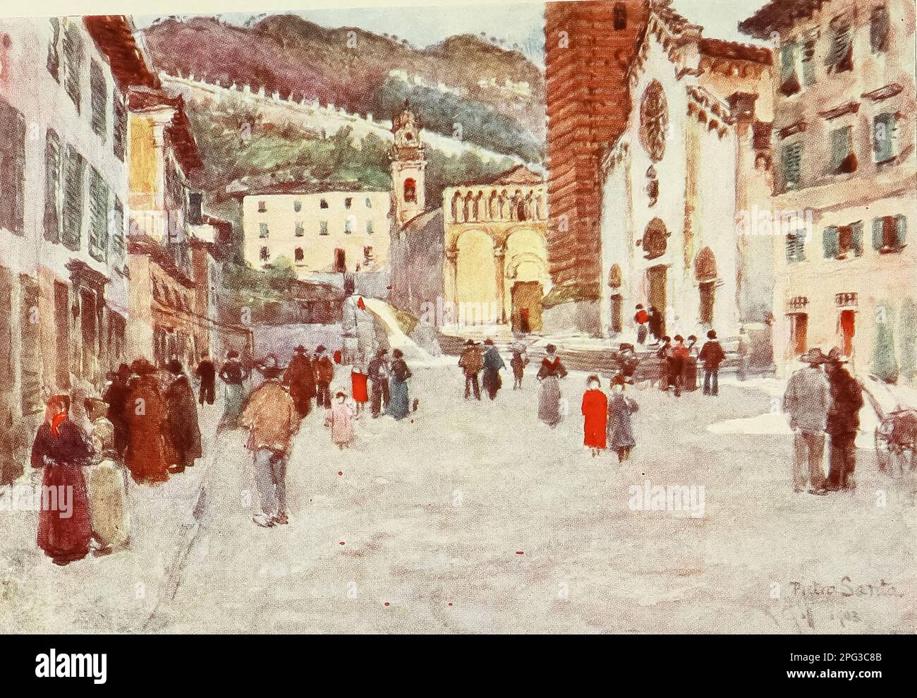 La Piazza, pietra Santa, vicino Viareggio, mostra il Duomo e le antiche mura Uno studio in primavera. Dipinto dal colonnello Robert Charles Goff dal libro " Firenze & alcune città toscane " di Clarissa Goff pubblicato da A & C Black nel 1905 Foto Stock