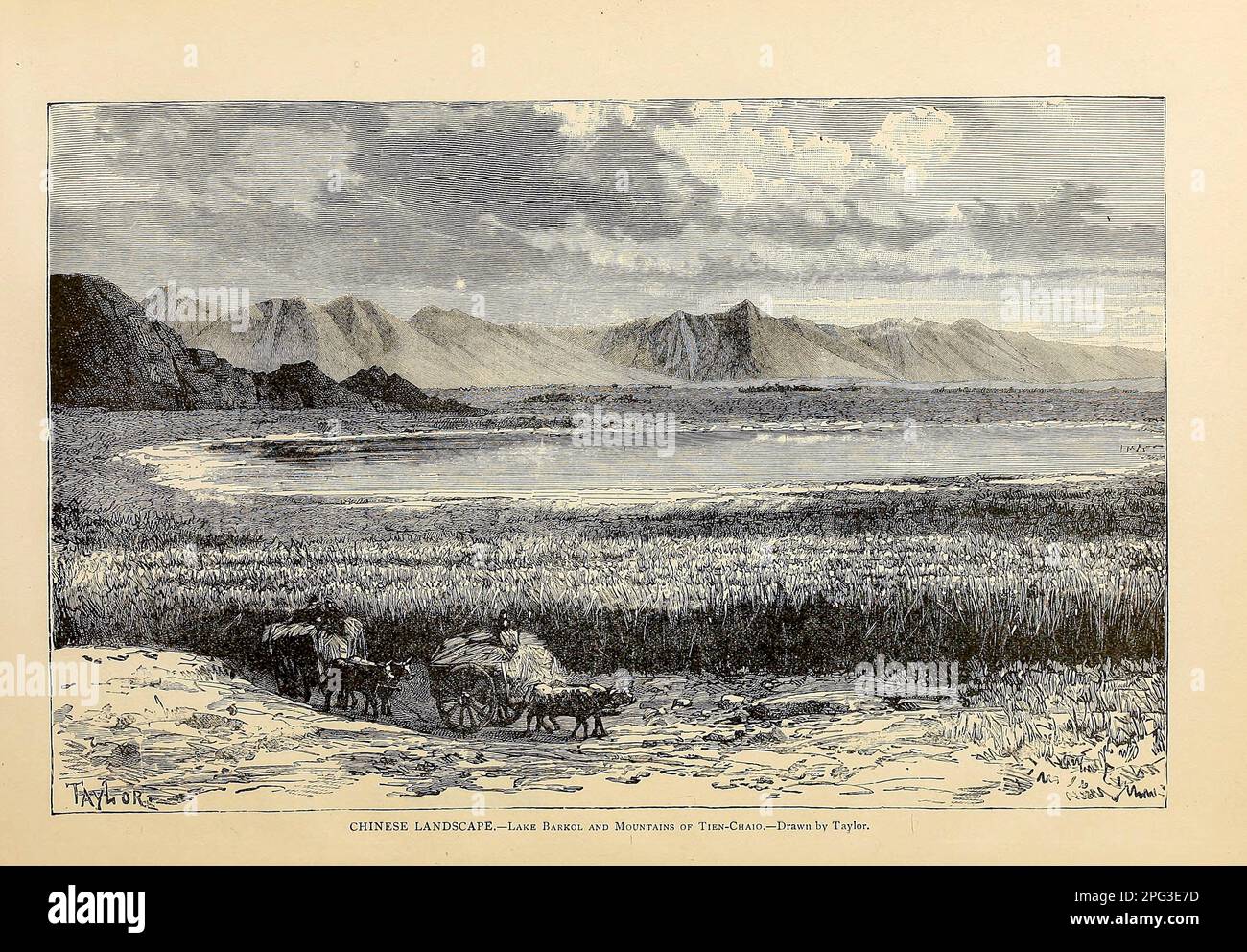 Paesaggio cinese Lago Barkol e montagna di Tien-Chaio. Dalla storia universale di Cyclopedia : abbracciando la più completa e recente presentazione del soggetto in due parti principali o divisioni di più di seimila pagine di John Clark Ridpath, 1840-1900 Data di pubblicazione 1895 Editore Boston : Balch Bros. Volume 7 Storia dell'uomo Foto Stock
