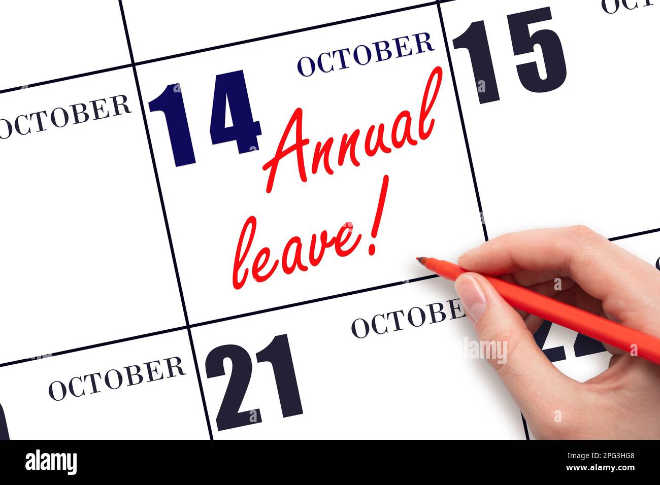 14th° giorno di ottobre. Scrivere a mano il testo CONGEDO ANNUALE e disegnare il sole sulla data di calendario 14 ottobre. Salvare la data. Tempo per le vacanze. vca Foto Stock 14th° giorno di ottobre. Scrivere a mano il testo CONGEDO ANNUALE e disegnare il sole sulla data di calendario 14 ottobre. Salvare la data. Tempo per le vacanze. vca Foto Stock