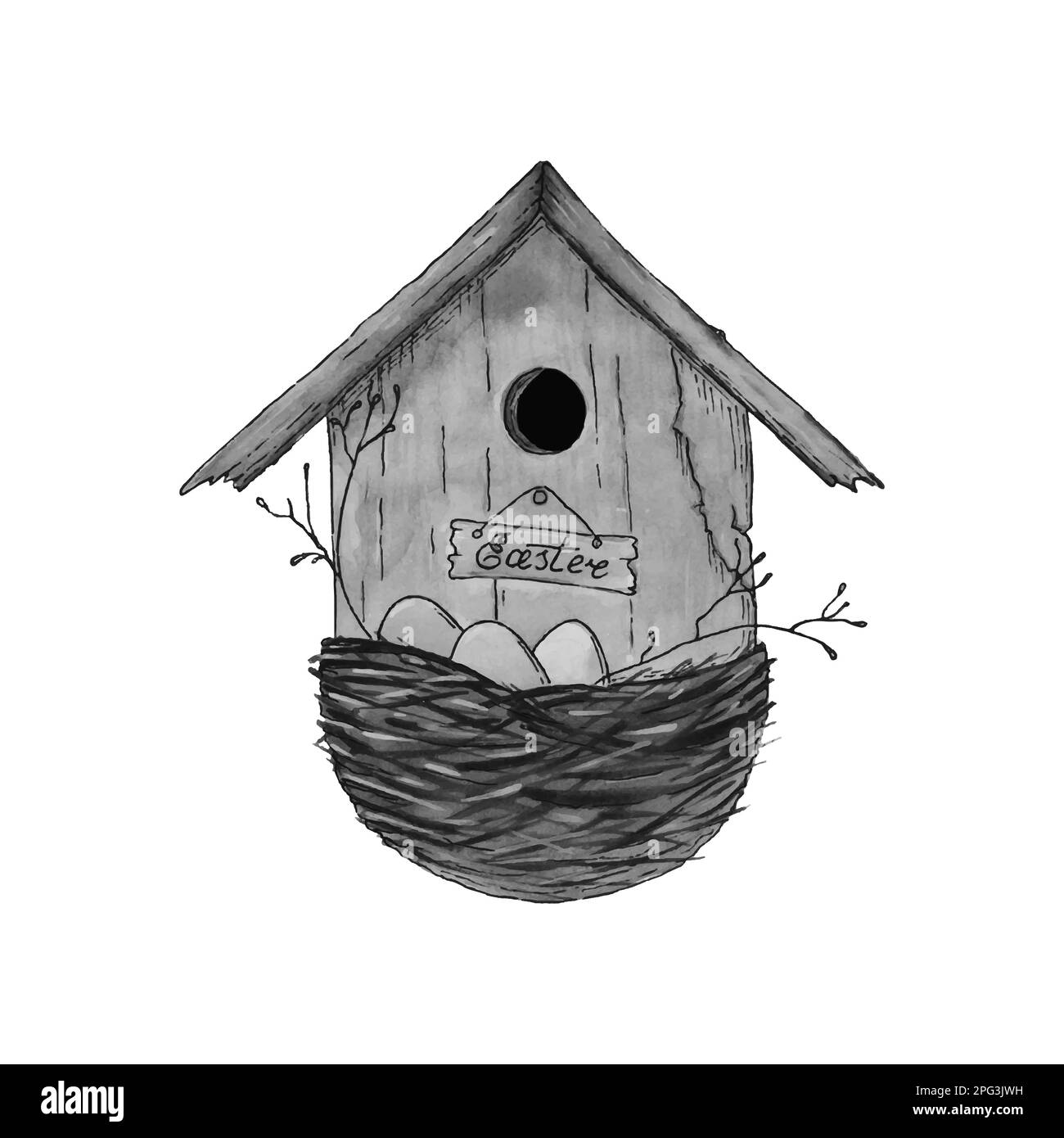 Birdhouse schizzo acquerello stilizzato monocromatico disegnato, nido con uova, buona Pasqua. Illustrazione vettoriale Illustrazione Vettoriale