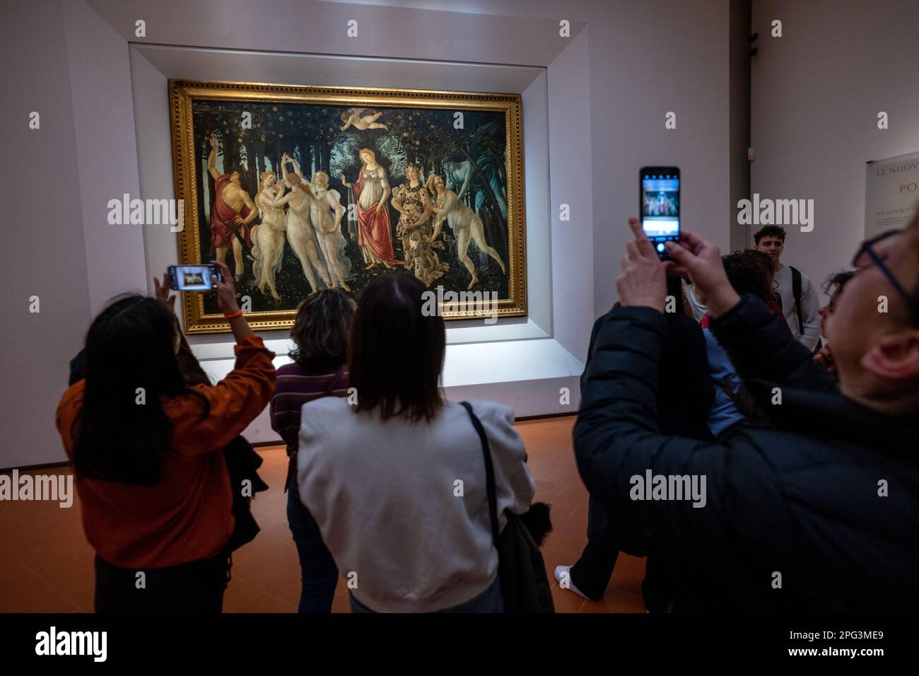 La Primavera, che significa Primavera, dipinta da Sandro Botticelli in mostra alla Galleria degli Uffizi a Firenze. Foto Stock