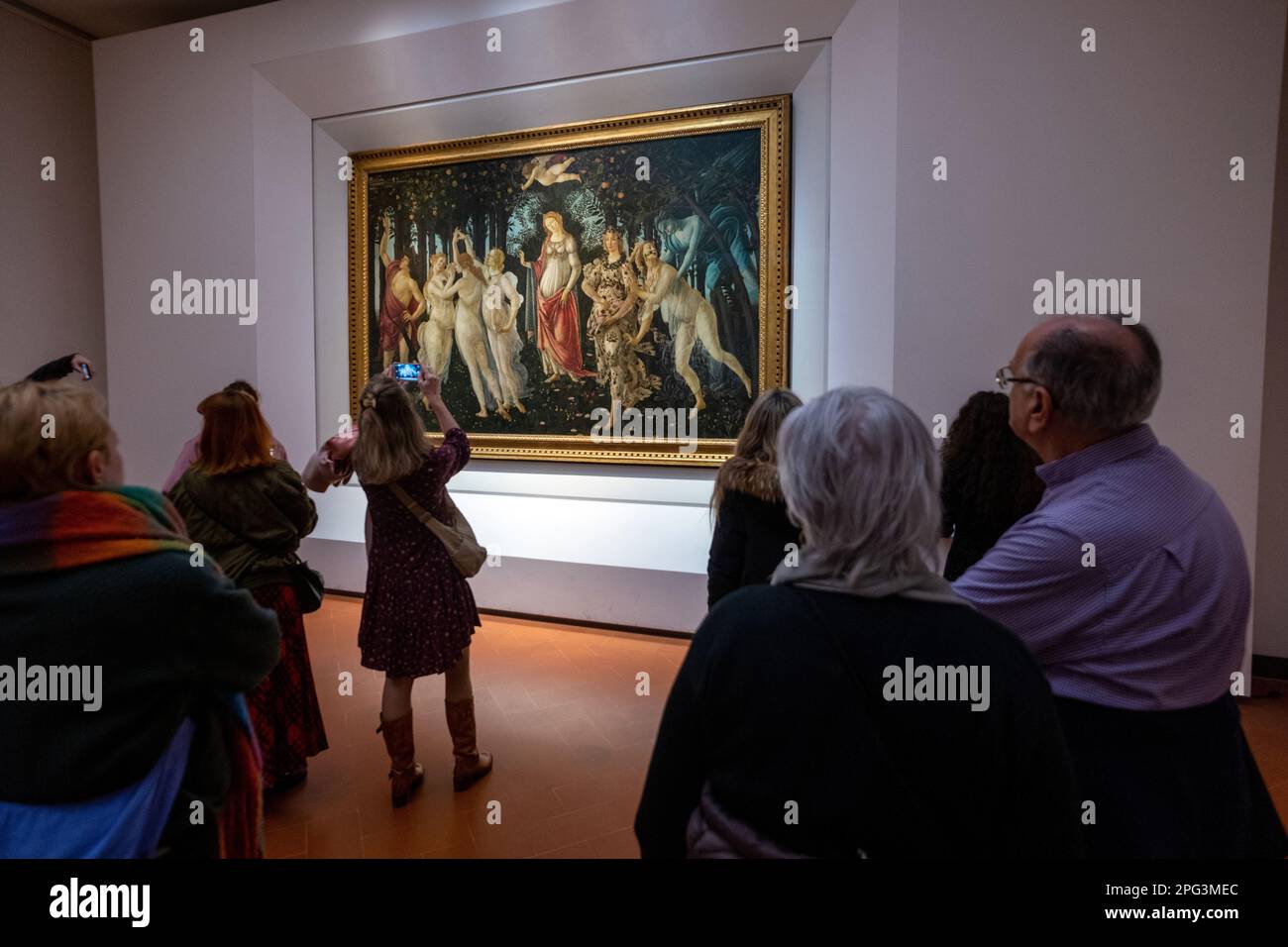 La Primavera, che significa Primavera, dipinta da Sandro Botticelli in mostra alla Galleria degli Uffizi a Firenze. Foto Stock