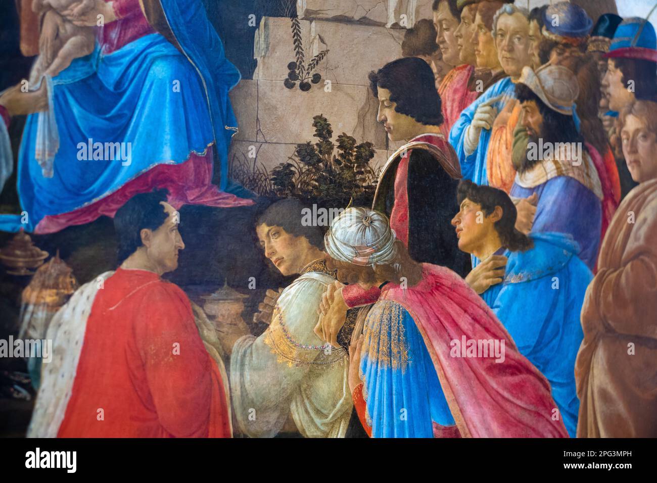 Dettagli dell'Adorazione dei Magi di Sandro Botticelli che mostra i membri della famiglia Medici Foto Stock