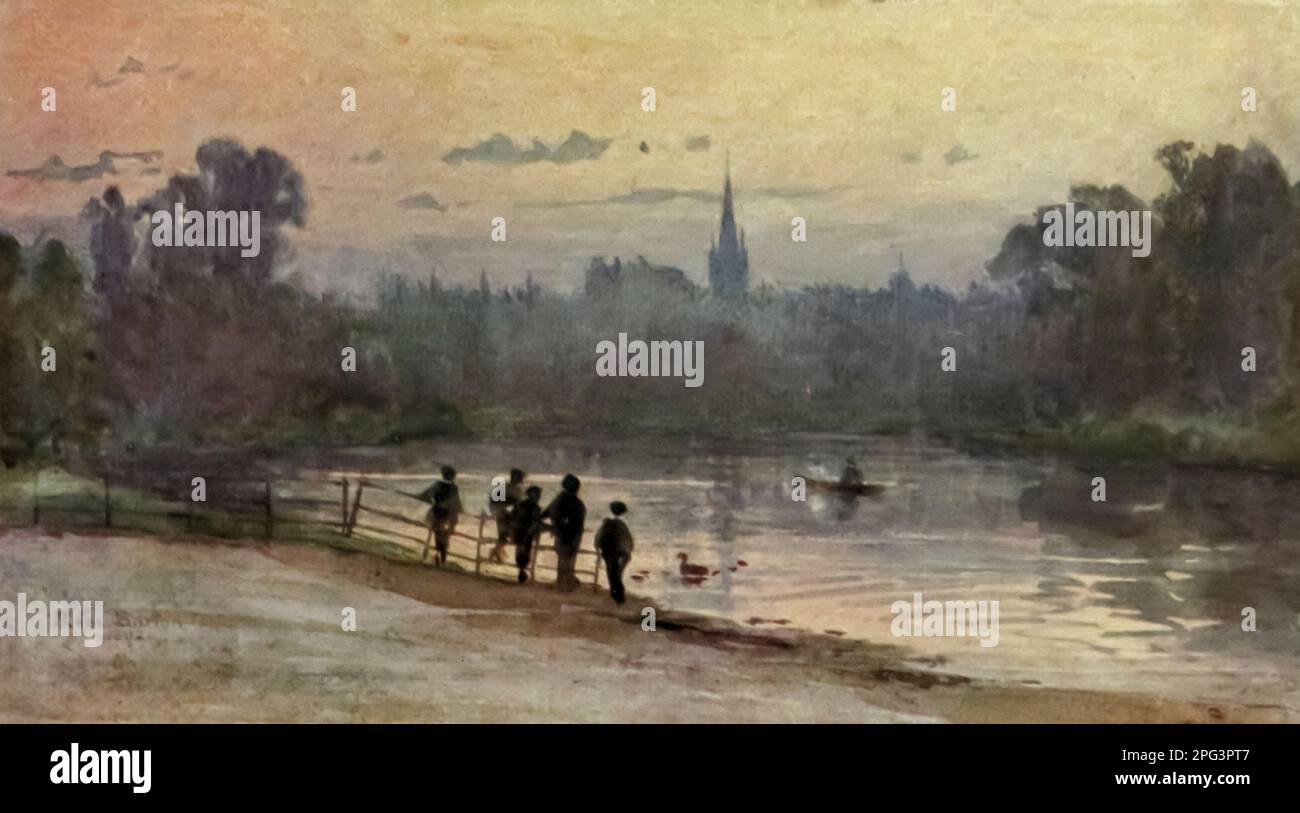 Nei Kensington Gardens acquerello dipinto da Rose Barton dal libro " Familiar London " pubblicato nel 1904 da A. e C. Black a Londra Foto Stock