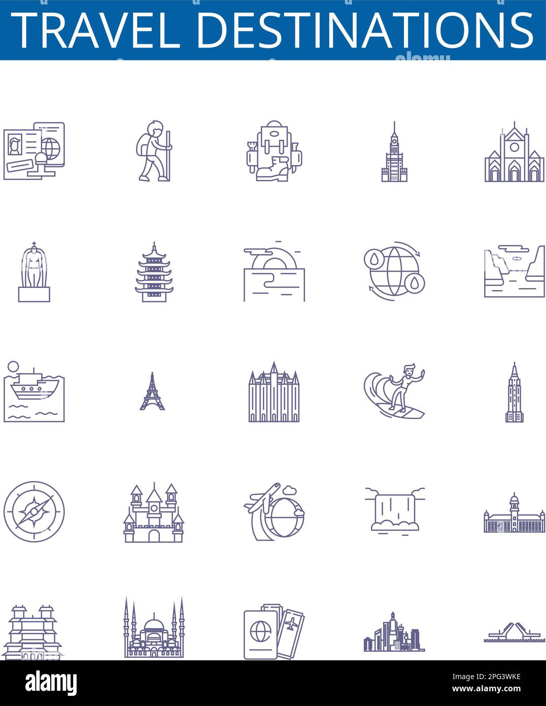 Set di simboli delle icone delle linee delle destinazioni di viaggio. Collezione di design di India, Messico, Francia, Giappone, Italia, Thailandia, Spagna, Canada delineano il concetto vettore Illustrazione Vettoriale
