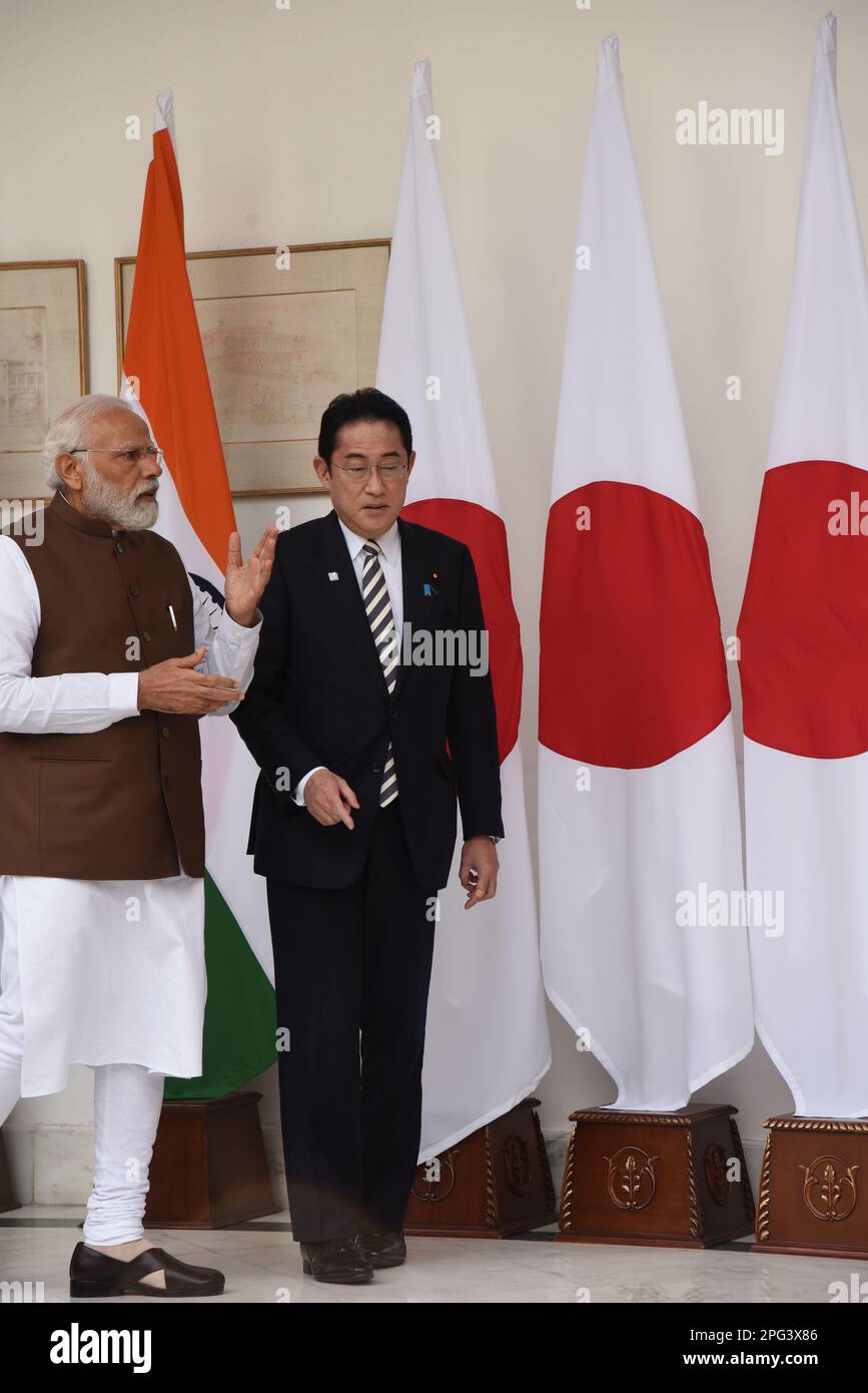 Nuova Delhi, India. 20th Mar, 2023. Il primo ministro indiano Narendra modi incontra il suo omologo giapponese Fumio Kishida. Due primi ministri discuteranno della sicurezza della difesa, dei legami economici e della partnership per l’energia pulita sullo sfondo della guerra Russia-Ukrain. (Credit Image: © Sondeep Shankar/Pacific Press via ZUMA Press Wire) SOLO PER USO EDITORIALE! Non per USO commerciale! Foto Stock