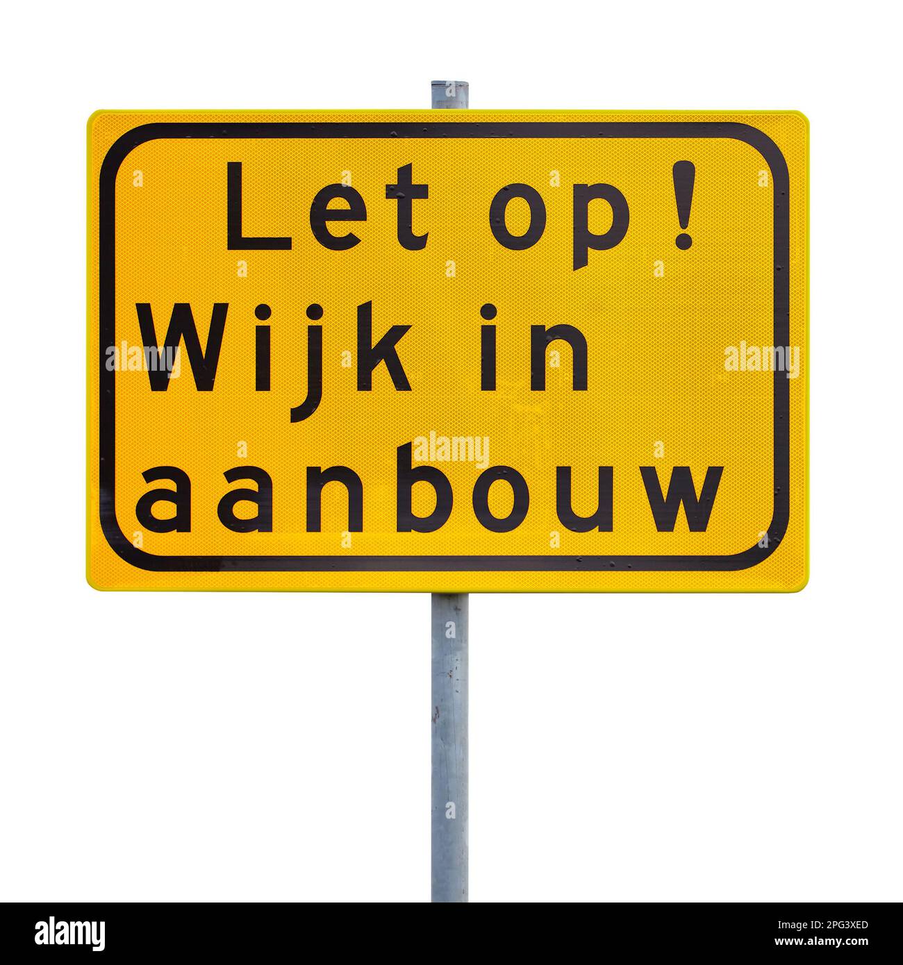 Cartello stradale con testo olandese "attenzione - zona residenziale in costruzione" Foto Stock