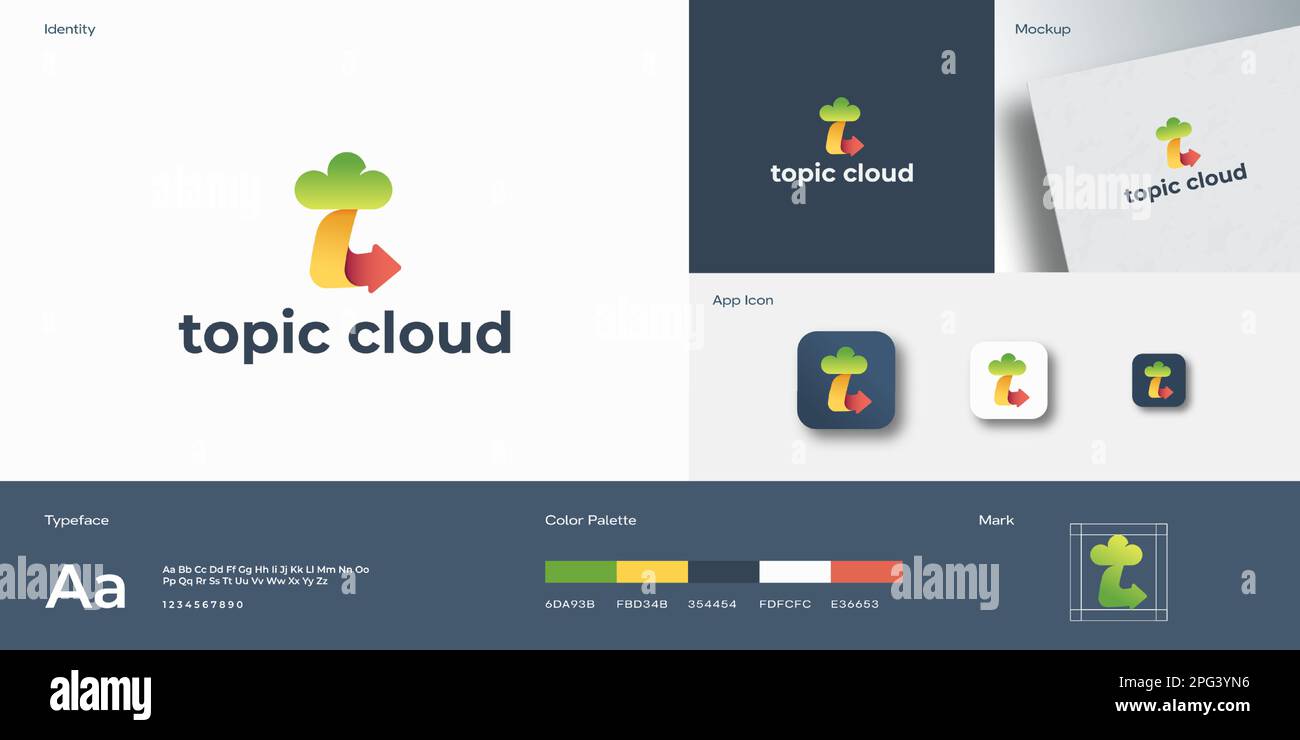 Modello del logo del simbolo del segno astratto di Topic Cloud. Lettera T con icone Cloud e freccia incorporato Dynamic Tech Storage o Data Emblem Concept Identity Illustrazione Vettoriale