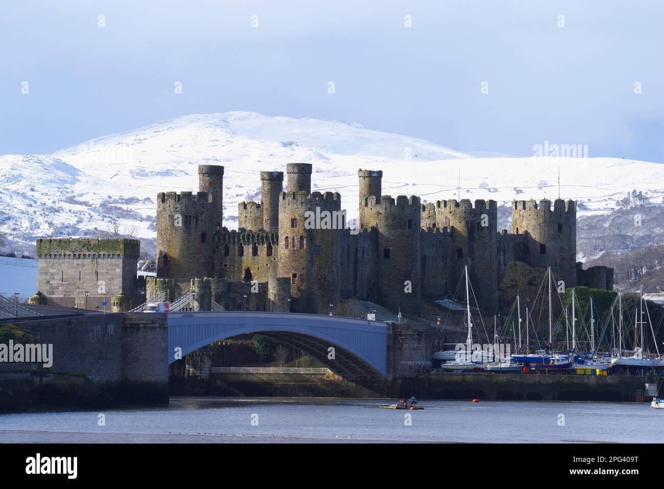 Conwy Castle in Winter, Galles del Nord, Regno Unito, Foto Stock