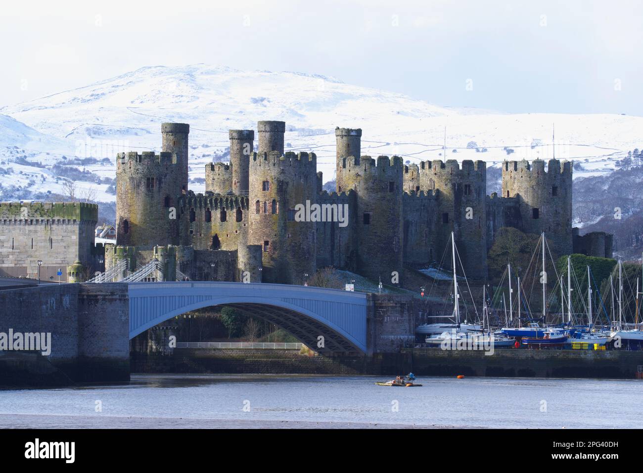 Conwy Castle in Winter, Galles del Nord, Regno Unito, Foto Stock