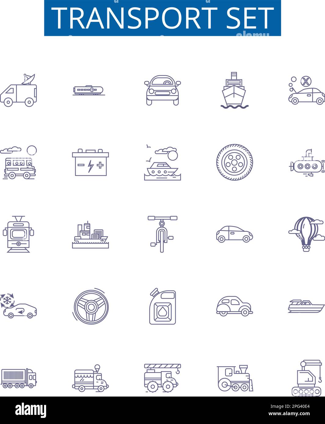 Set di trasporto icone linea segnali set. Progettare la collezione di veicoli, aerei, barche, treni, autobus, Coach, furgoni, Taxi vettoriale del concetto di contorno Illustrazione Vettoriale