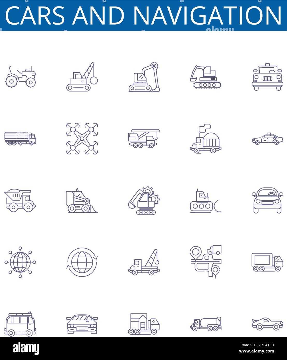 Set di segnali per le icone delle linee di navigazione e delle vetture. Collezione di design di automobili, navigazione, automobili, guida, mappe, Concetto di strade, GPS, vista stradale Illustrazione Vettoriale