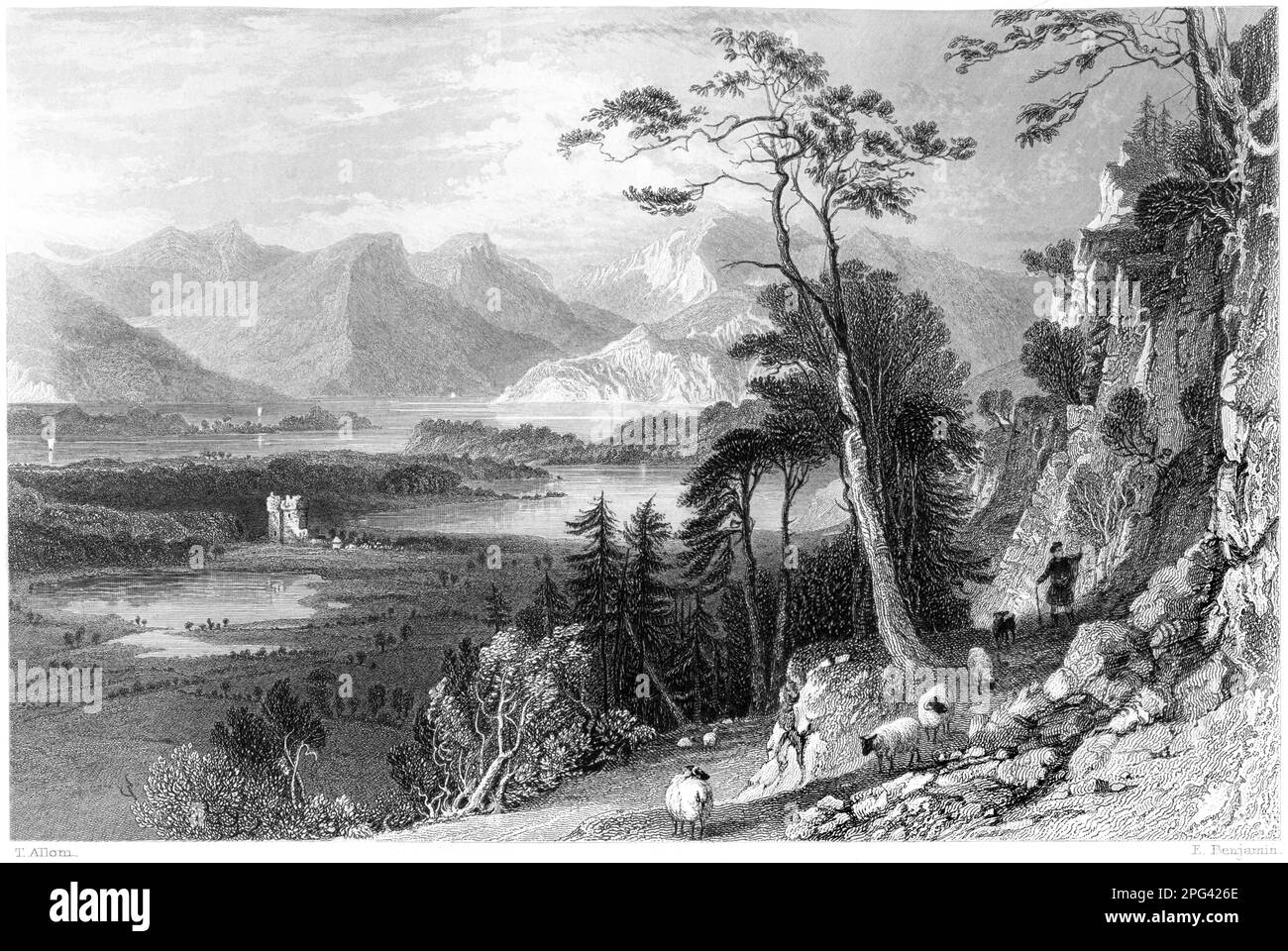 Un'incisione di Loch Creran con il Castello di Bercaldine (Barcaldine), Argyleshire, Scozia UK scansionata ad alta risoluzione da un libro stampato nel 1840. Foto Stock