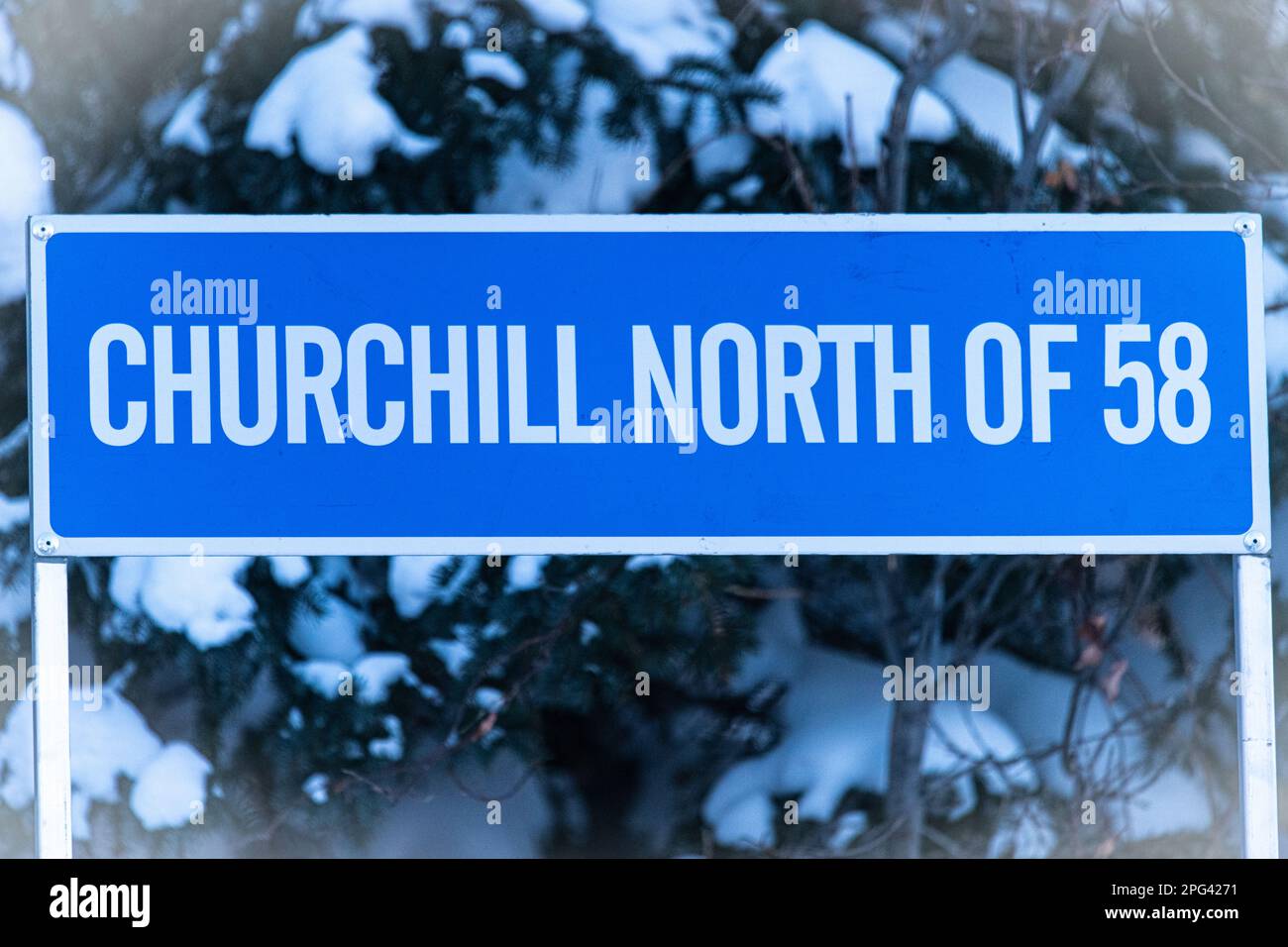 Cartello con la scritta "Churchill North of 58" situato vicino a Churchill, Manitoba, Canada, con tress innevata sullo sfondo. Foto Stock