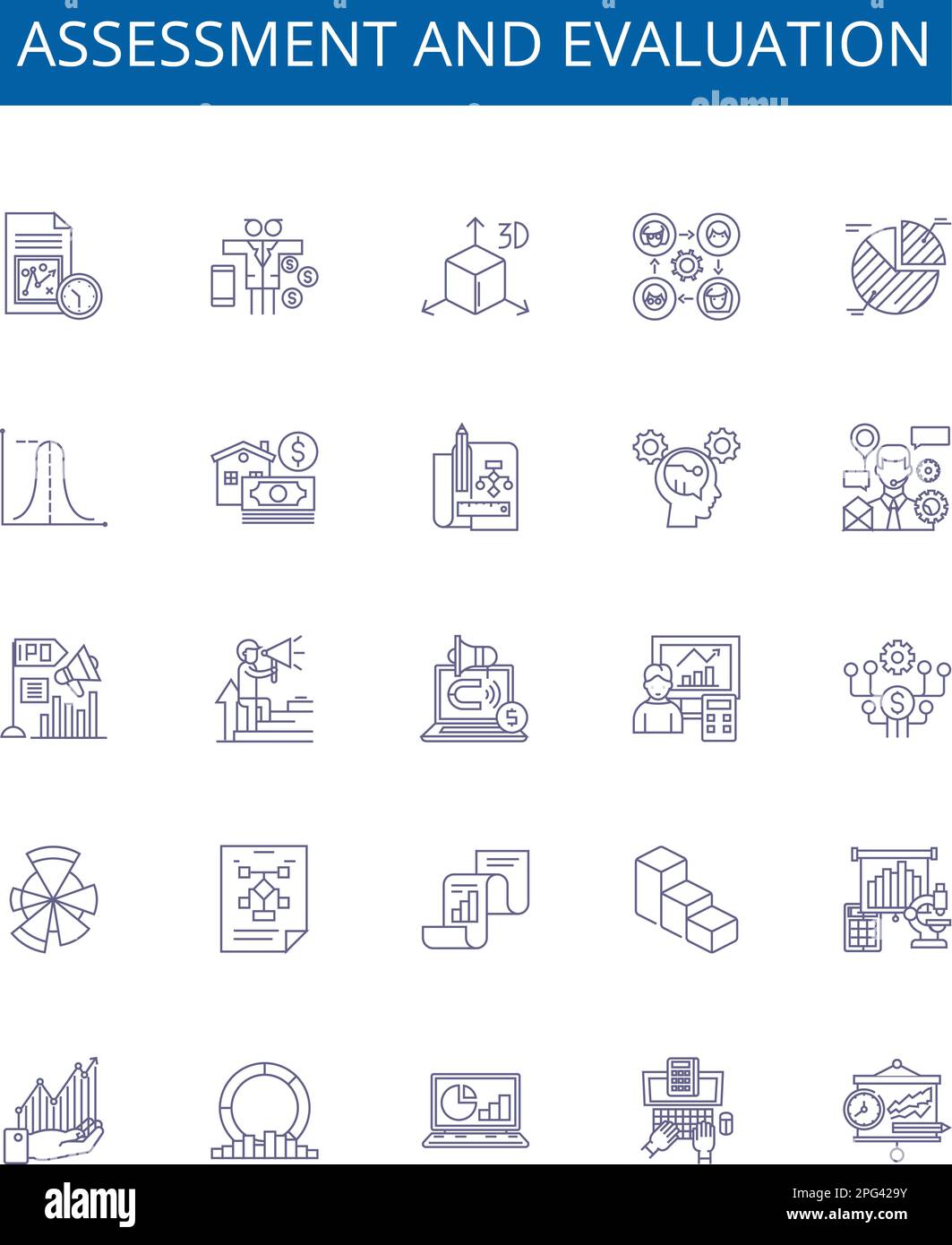 Set di simboli delle icone delle linee di valutazione e valutazione. Raccolta di progetti di valutazione, valutazione, analisi, misurazione, feedback, revisione, valutazione, test Illustrazione Vettoriale