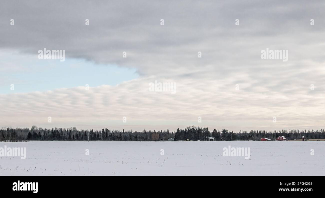 Una bella formazione di nubi su una fattoria con un fienile rosso presso la riserva naturale Sax-Zim Bog in una giornata invernale a Toivola, Minnesota USA. Foto Stock