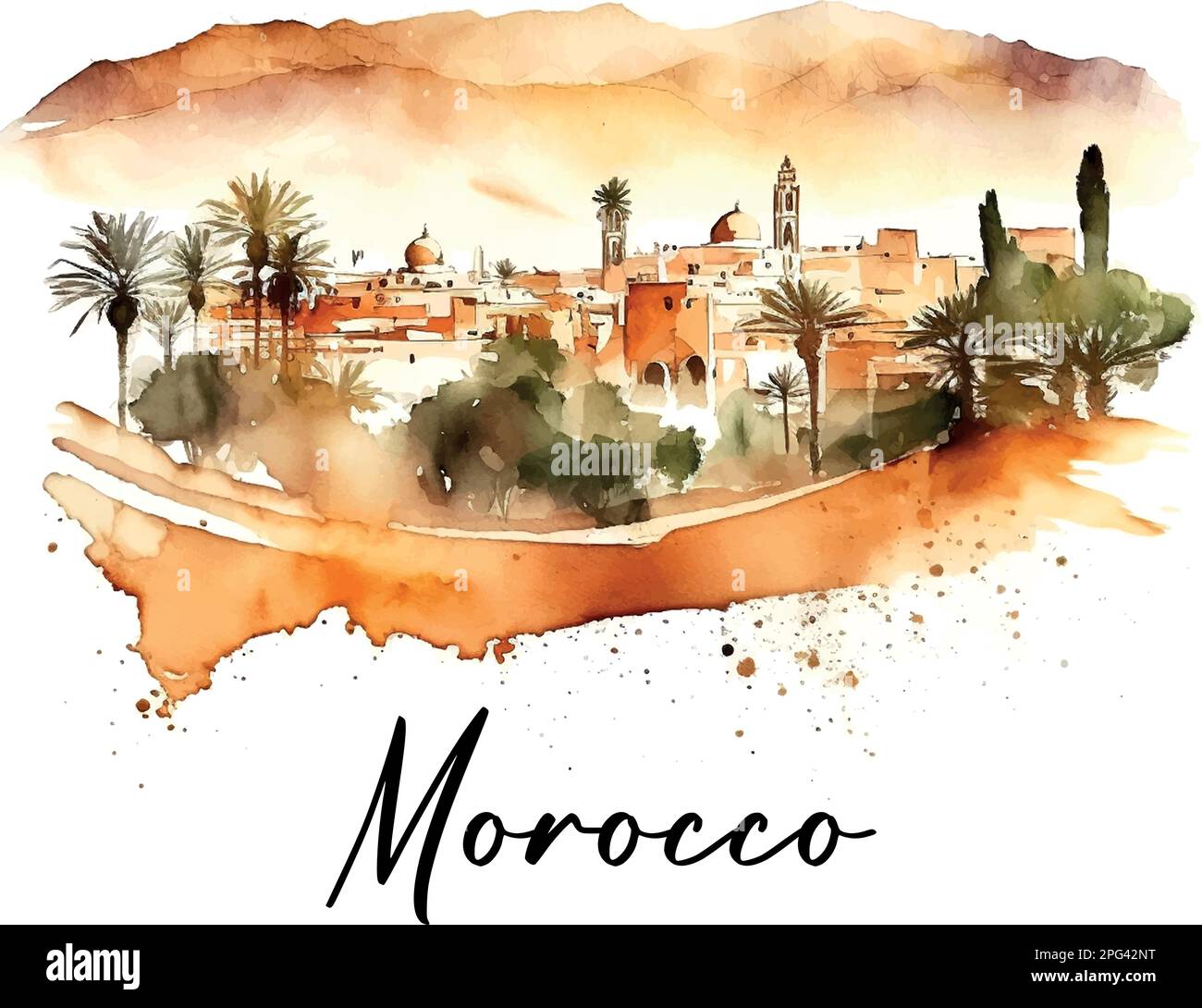 Pittoresco paesaggio di acquerello del Marocco Illustrazione Vettoriale