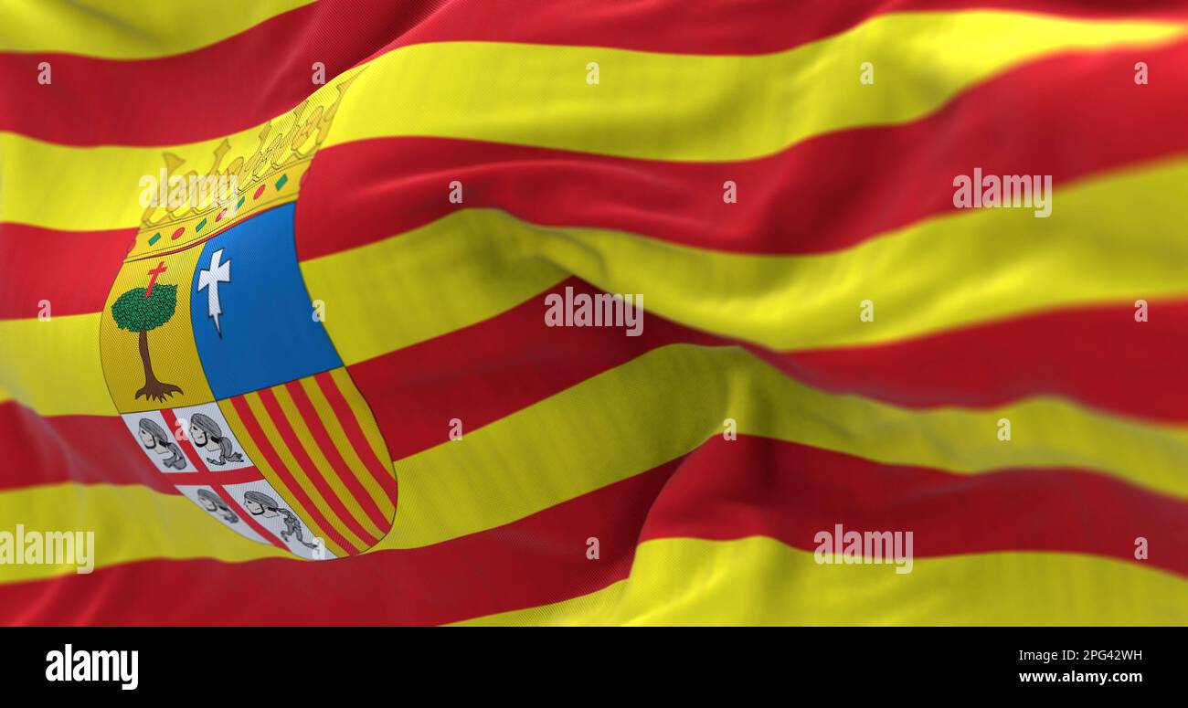 La bandiera Aragona sventola. Aragon è una comunità autonoma nel nord-est della Spagna. Messa a fuoco selettiva. 3d rappresentazione dell'illustrazione. Primo piano. Backgroun testurizzato Foto Stock