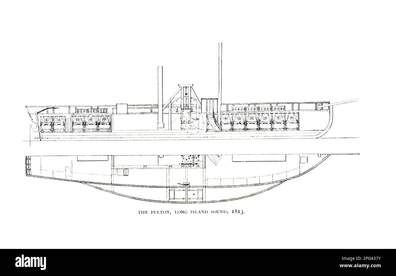 Il Fulton, Long Island Sound 1813 dall'articolo ROBERT FULTON E I SUOI BATTELLI A VAPORE. Da T. C. Purdy della rivista Engineering MAGAZINE DEDICATA AL PROGRESSO INDUSTRIALE Volume IX Aprile-Settembre 1895 NEW YORK The Engineering Magazine Co Foto Stock