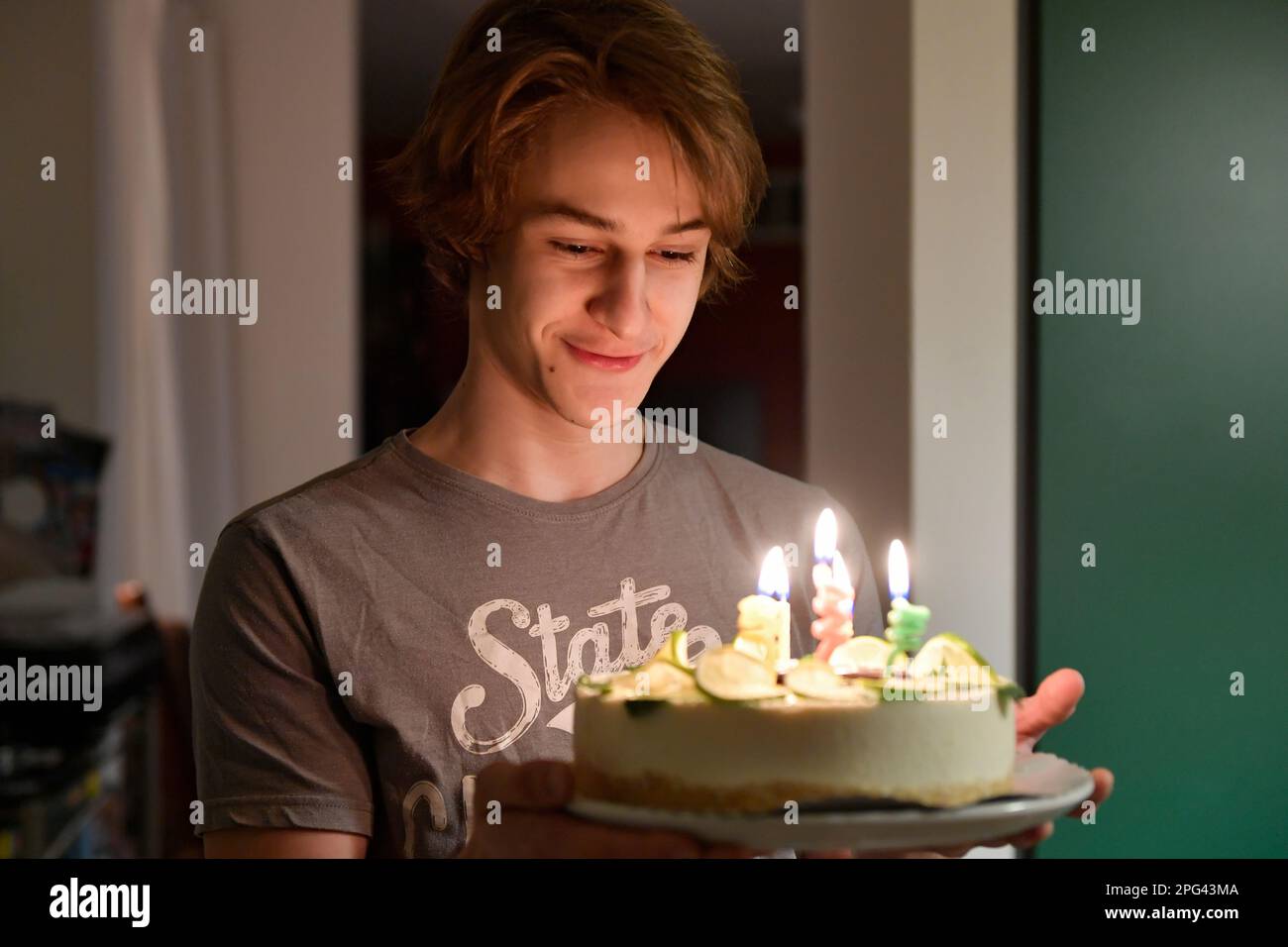 adolescente di diciassette anni con torta di compleanno candele a casa Foto Stock