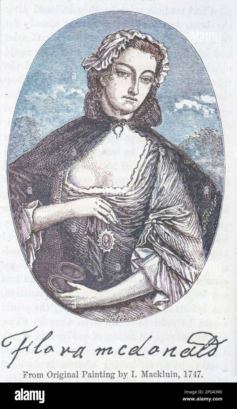 Flora MacDonald (Gaelico: Fionnghal nic Dhòmhnaill, 1722 – 5 marzo 1790) è stato un membro del Clan Macdonald di Sleat, meglio noto per aver aiutato Charles Edward Stuart ad eludere le truppe governative dopo la Battaglia di Culloden nell'aprile 1746. La sua famiglia sosteneva generalmente il governo durante il 1745 Rising e MacDonald in seguito dichiarò di aver assistito Charles per simpatia per la sua situazione. Dal libro 'Una storia dei reggimenti scozzesi delle Highlands, dei clan delle Highland e delle Highland' Volume 1 di Maclauchlan, Thomas, 1816-1886; Wilson, John, 1785-1854; Keltie, John Scott, Sir, 1840-1927 Data di pubblicazione 1875 p Foto Stock