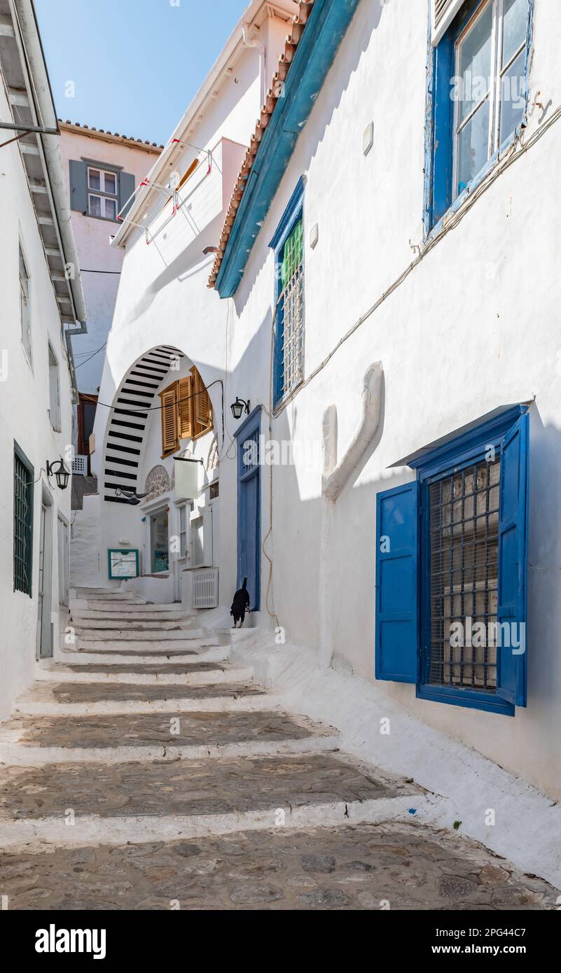 Strada stretta con gradini nel centro storico di Hydra, Grecia. Foto Stock