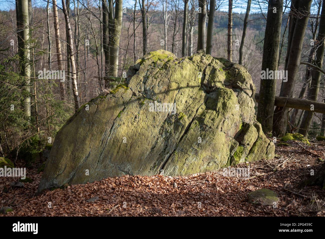 Affioramento roccioso nei boschi dell'alta Foresta Palatina, collina 'U Svícnové jedle'. Zona di apparenza rumored del fantasma 'Feinschl' dal folclore tedesco di Sudeten. Foto Stock