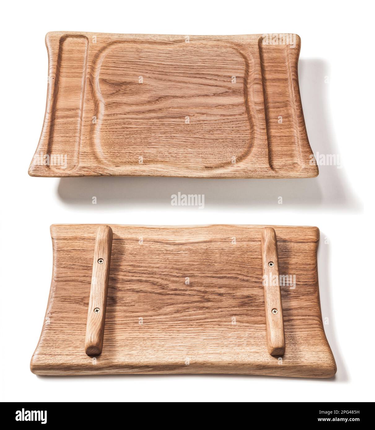 Due lati di Oak Wood Steak Boards isolati Foto Stock