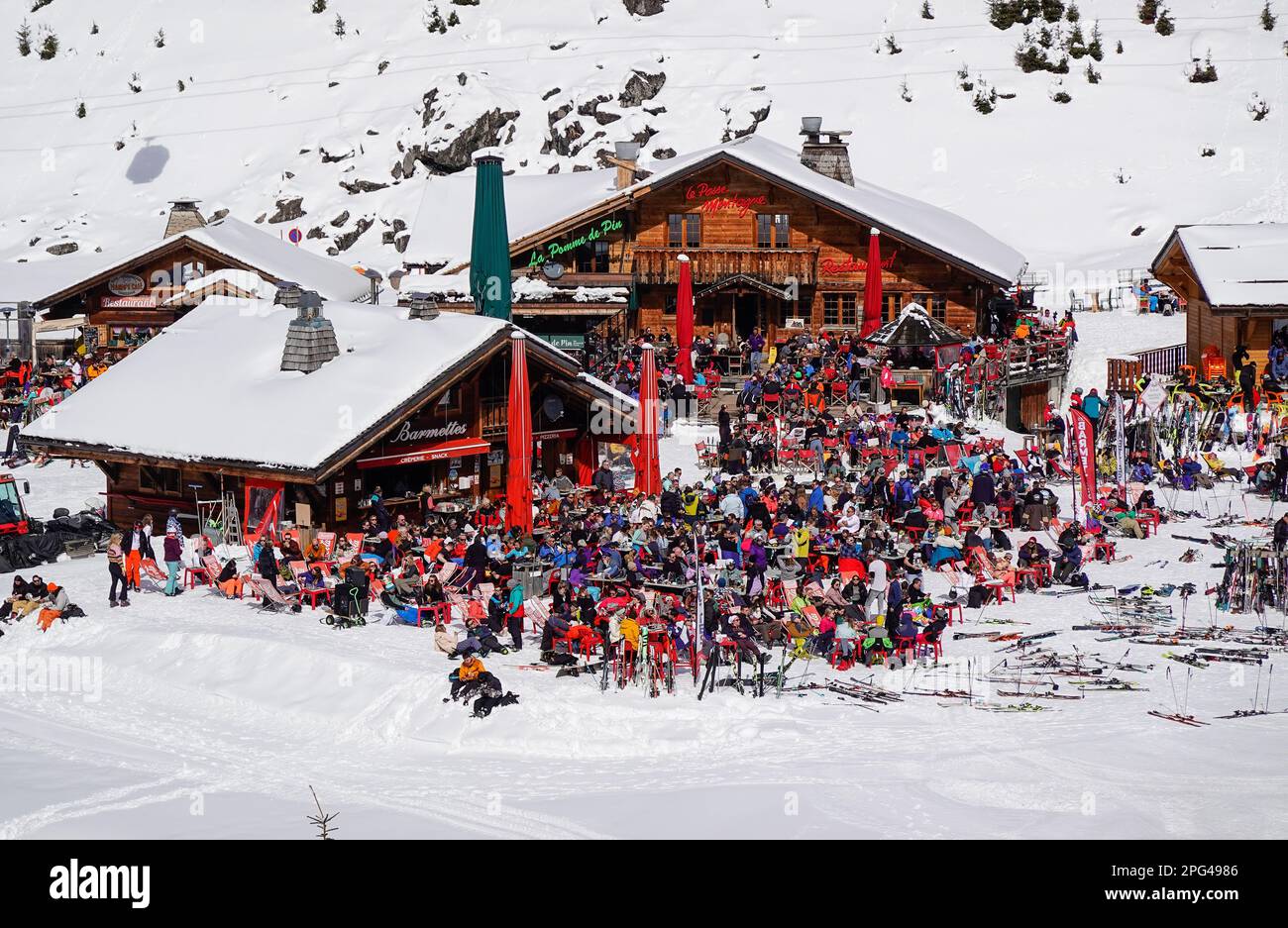 Skihütten, Gastronomie, Les Lindarets, Wintersportgebiet Portes du Soleil, alta Savoia, Frankreich Foto Stock