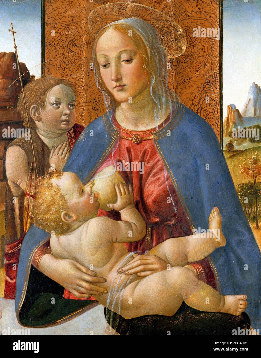 Madonna col Bambino con il giovane San Giovanni Battista dell'artista italiano Cosimo Rosselli (1439-1507), olio di tempera e oro su legno, 1490 Foto Stock