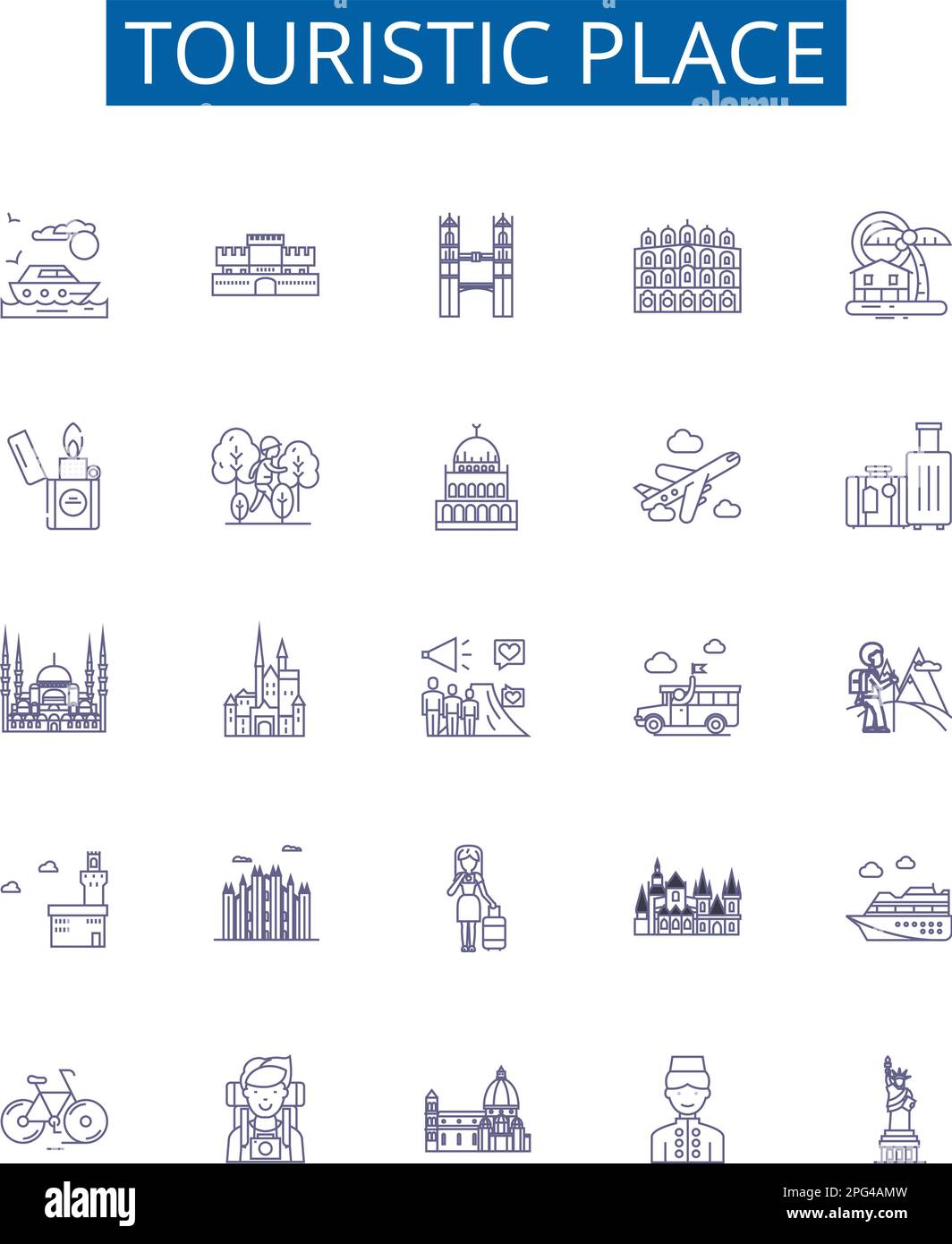 Luogo turistico linea icone segnaletica set. Progettare la collezione di turisti, luoghi, destinazioni, attrazioni, visite turistiche, vacanza, esplorare, contorno attrazione Illustrazione Vettoriale