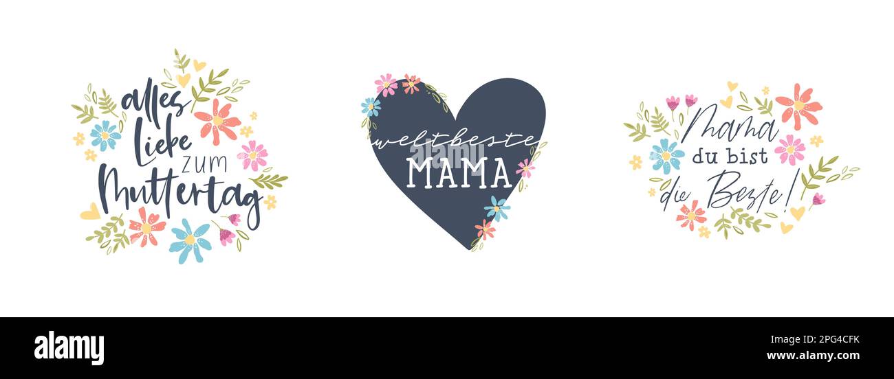 Cute mano disegnata Mother's Day design con cute calligrafia in tedesco 'per mom' 'migliore mom' e fiori incantevoli, grande per carte, sfondi, banner - ve Illustrazione Vettoriale